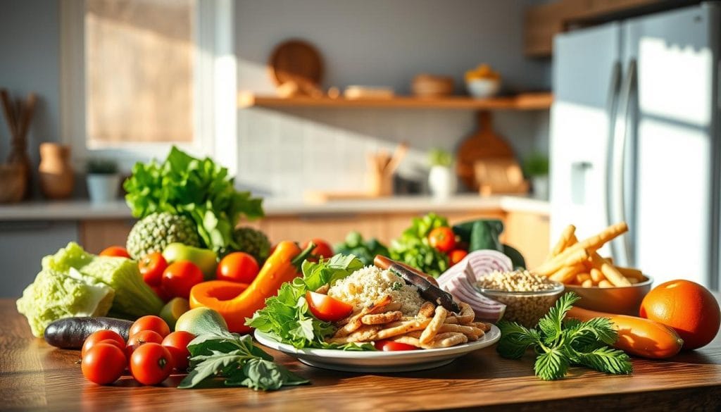 A beautifully lit, realistic meal plan displayed on a wooden table. In the foreground, a variety of healthy, fresh ingredients - colorful vegetables, lean proteins, and whole grains. The middle ground features a well-balanced plate, with artfully arranged portions of each food group. Soft shadows and natural daylight create a warm, inviting atmosphere, conveying a sense of achievable, sustainable nutrition. The background showcases a simple, minimalist kitchen setting, lending an air of everyday practicality. The overall composition suggests a harmonious fusion of culinary delights and attainable wellness, inspiring the viewer to craft their own realistic, Hollywood-worthy eating plan. A beautifully lit, realistic meal plan displayed on a wooden table. In the foreground, a variety of healthy, fresh ingredients - colorful vegetables, lean proteins, and whole grains. The middle ground features a well-balanced plate, with artfully arranged portions of each food group. Soft shadows and natural daylight create a warm, inviting atmosphere, conveying a sense of achievable, sustainable nutrition. The background showcases a simple, minimalist kitchen setting, lending an air of everyday practicality. The overall composition suggests a harmonious fusion of culinary delights and attainable wellness, inspiring the viewer to craft their own realistic, Hollywood-worthy eating plan.