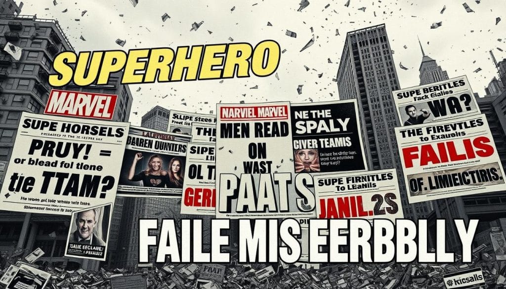 A chaotic newspaper front page showcasing dramatic headlines reporting on the spectacular failures of various superhero teams. The bold, attention-grabbing titles are set against a gritty, urban backdrop of crumbling skyscrapers and cloudy skies, conveying a sense of gloom and despair. Shattered windows, rubble, and other signs of destruction fill the scene, emphasizing the catastrophic nature of these team disasters. The layout is dynamic, with headlines overlapping and competing for the reader's focus, just as the teams themselves clashed and ultimately fell apart. An air of tension and foreboding permeates the image, reflecting the article's subject matter of "Superhero Teams That Failed Miserably."