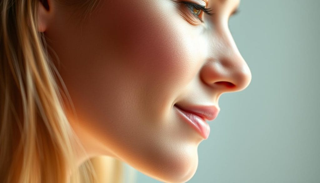 A close-up photograph of a woman's flawless, luminous complexion. Her skin appears radiant, with an even, healthy tone. Soft, natural lighting from the side accentuates the smooth texture and subtle glow. The image is crisp and in focus, capturing the delicate details of her pores and fine lines. The background is blurred, keeping the focus solely on the subject's face. An aura of tranquility and confidence emanates from the serene expression. This image conveys the essence of a vibrant, revitalized complexion achieved through the latest skin brightening innovations.
