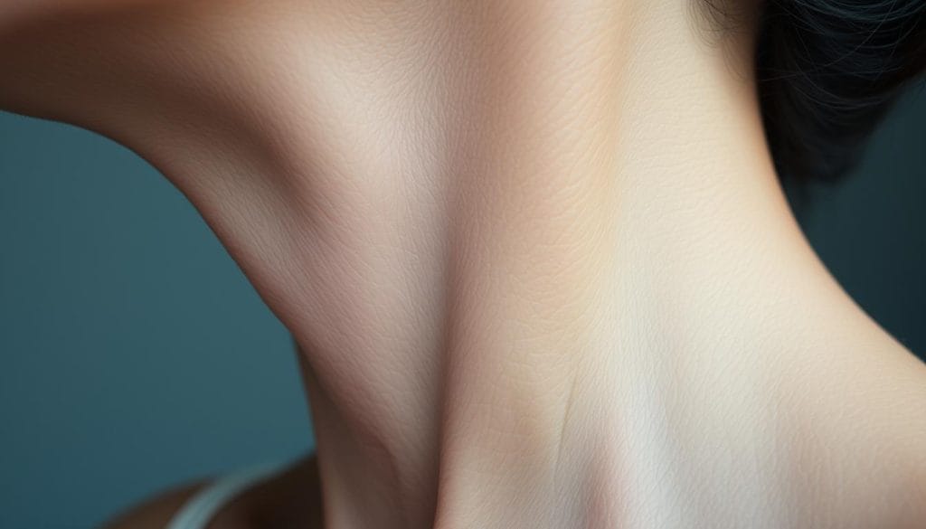 A close-up view of a person's neck, focusing on the delicate skin and texture. The skin appears smooth and luminous, with a subtle glow from soft, diffused lighting. The lighting creates gentle shadows that accentuate the natural contours and creases of the neck, revealing the signs of aging and tension. The background is blurred, putting the emphasis on the intricate details of the neck skin. The overall mood is contemplative, inviting the viewer to examine the subtle changes and vulnerabilities of this often-overlooked area of the body.