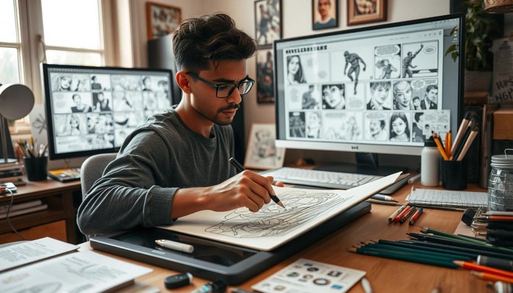 A cozy, well-lit studio with an artist's desk, drawing tablet, and various art supplies scattered across its surface. In the foreground, the hands of a passionate fan artist meticulously sketching a scene from their favorite work, their face etched in deep concentration. Behind them, a large monitor displays character designs and dynamic panel layouts, hinting at the creation of an immersive fan comic. Soft natural lighting filters in from a nearby window, casting a warm glow over the entire scene. The atmosphere exudes a sense of creative flow, dedication, and the joy of bringing beloved characters to life through the power of fan-driven storytelling.
