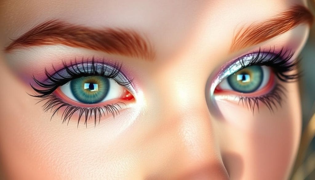 A delicate pair of eyes, iridescent and ethereal, gazing with a mystical allure. Gossamer eyelashes, like feathered wisps, flutter against luminous skin. Soft, watercolor eyeshadows in shimmering hues of lavender, periwinkle, and moonstone blend seamlessly, creating an otherworldly gaze. Dramatic, yet ethereal lighting casts a heavenly glow, highlighting the eyes' captivating depths. Captured in a close-up, high-resolution portrait, the eyes beckon the viewer to lose themselves in their mesmerizing splendor, a true reflection of the "Watercolor Shadows and Otherworldly Lashes" trend. A delicate pair of eyes, iridescent and ethereal, gazing with a mystical allure. Gossamer eyelashes, like feathered wisps, flutter against luminous skin. Soft, watercolor eyeshadows in shimmering hues of lavender, periwinkle, and moonstone blend seamlessly, creating an otherworldly gaze. Dramatic, yet ethereal lighting casts a heavenly glow, highlighting the eyes' captivating depths. Captured in a close-up, high-resolution portrait, the eyes beckon the viewer to lose themselves in their mesmerizing splendor, a true reflection of the "Watercolor Shadows and Otherworldly Lashes" trend.