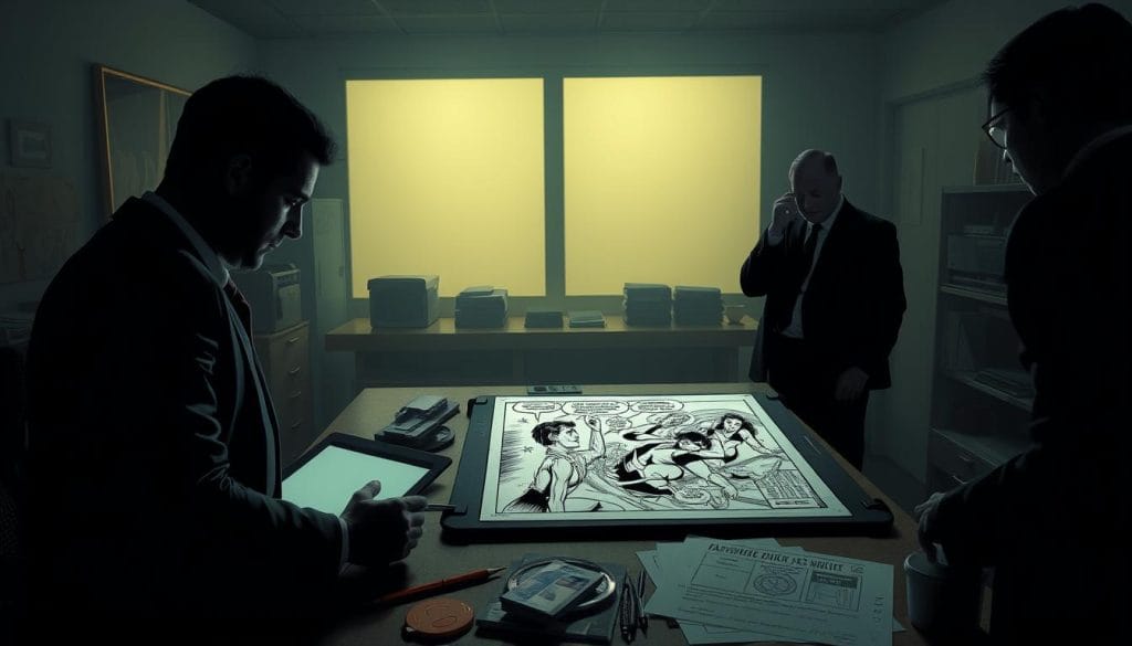 A dimly lit studio with a professional artist's desk, digital tablet, and reference materials. In the foreground, a meticulously detailed comic panel illustration is undergoing a rigorous verification process. Shadowy figures in suits examine the artwork, scrutinizing every line and color with a critical eye. The atmosphere is tense, as the future of the comic hangs in the balance. Soft, dramatic lighting casts deep shadows, creating a sense of gravity and importance. The overall scene conveys the high standards and quality control measures present in the U.S. comic book industry, as it adapts to the opportunities and challenges posed by AI-generated art. A dimly lit studio with a professional artist's desk, digital tablet, and reference materials. In the foreground, a meticulously detailed comic panel illustration is undergoing a rigorous verification process. Shadowy figures in suits examine the artwork, scrutinizing every line and color with a critical eye. The atmosphere is tense, as the future of the comic hangs in the balance. Soft, dramatic lighting casts deep shadows, creating a sense of gravity and importance. The overall scene conveys the high standards and quality control measures present in the U.S. comic book industry, as it adapts to the opportunities and challenges posed by AI-generated art.