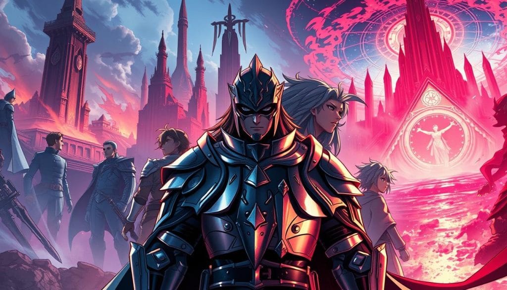 A dynamic comic book cover set in the vast Fate/Grand Order universe. In the foreground, the protagonist, a stoic knight, stands resolute, their armor gleaming under dramatic lighting. In the middle ground, supporting characters from the game's diverse cast gaze into the distance, expressions filled with determination. The background depicts the fantastical, mythological landscapes of the Fate world, with towering spires, mystical portals, and swirling energy fields. The overall composition conveys a sense of epic scale, complex lore, and the high-stakes adventure that defines the Fate/Grand Order experience. Cinematic camera angles, dynamic poses, and a moody, atmospheric color palette evoke the grandeur and drama of the fan-favorite franchise.