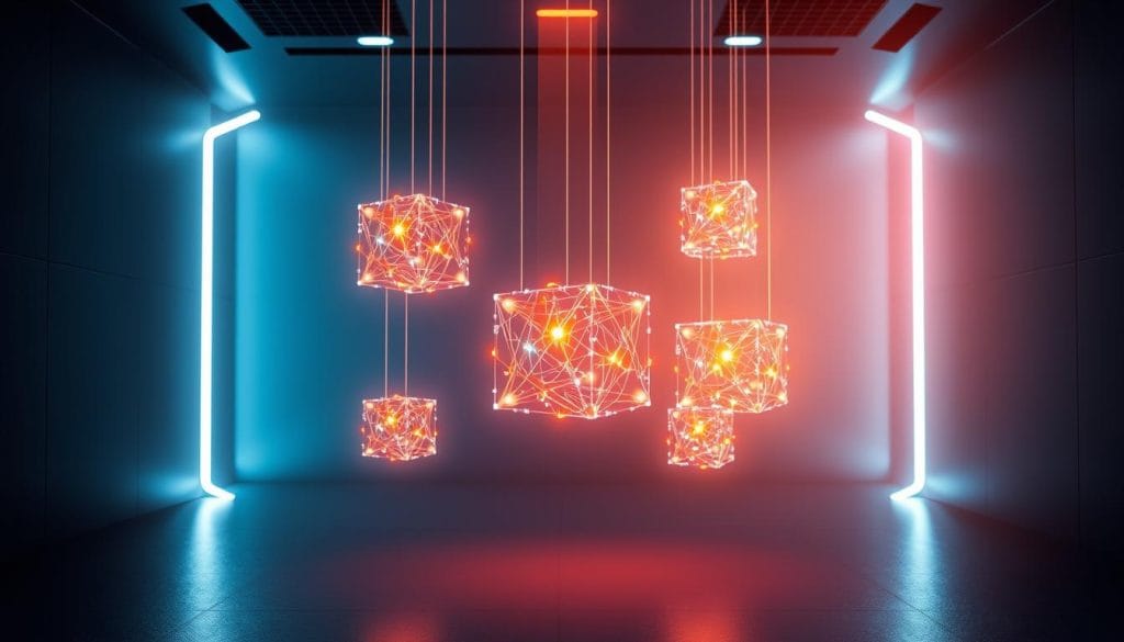 A futuristic and technical illustration of qubits, the fundamental building blocks of quantum computing. Glowing, multi-colored cubes suspended in a sleek, minimalist environment, with a steel-blue backdrop suggesting the advanced nature of the technology. Intricate patterns of light and energy emanate from the qubits, hinting at the complex quantum processes at work. The scene is illuminated by a warm, directional light source, casting dramatic shadows and highlighting the geometric forms. The composition is balanced and symmetrical, conveying a sense of order and precision essential to this revolutionary computational approach. An atmosphere of scientific innovation and global technological race permeates the image.