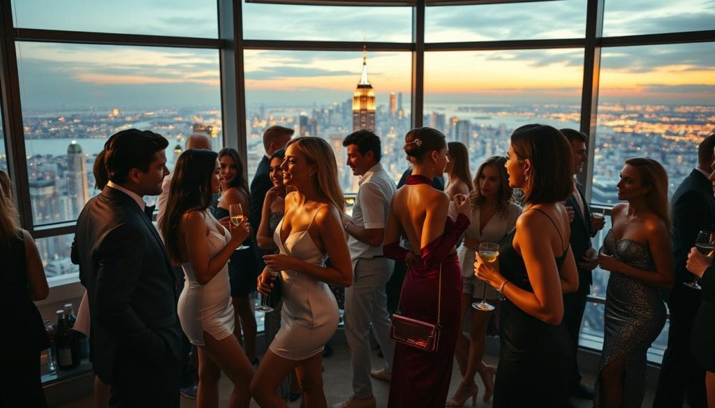 A glamorous, high-society cocktail party in a luxurious penthouse suite, overlooking a glittering cityscape at dusk. Fashionably dressed celebrities mingle and socialize, sipping champagne and exchanging knowing glances. Soft, warm lighting casts a flattering glow, while floor-to-ceiling windows provide a breathtaking backdrop. In the foreground, a group of stylishly attired A-listers engage in animated conversation, their body language conveying the effortless confidence and poise of those who have weathered the storm of public scrutiny. The overall atmosphere is one of exclusivity, reinvention, and the intoxicating allure of a life lived in the public eye.