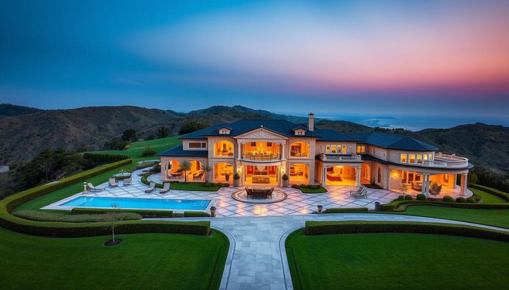 A grand, sprawling estate nestled atop a lush, rolling hill, its opulent architecture bathed in the warm glow of a setting sun. Immaculate landscaping frames the property, with manicured hedges, a sparkling infinity pool, and a sweeping driveway leading to the imposing marble-clad entrance. The interior is a showcase of luxurious furnishings, ornate chandeliers, and floor-to-ceiling windows offering breathtaking panoramic views. Subtle yet sophisticated lighting accentuates the lavish details, creating an atmosphere of unparalleled elegance and wealth. This is the epitome of the modern celebrity home, a testament to the extravagant lifestyles of the rich and famous.