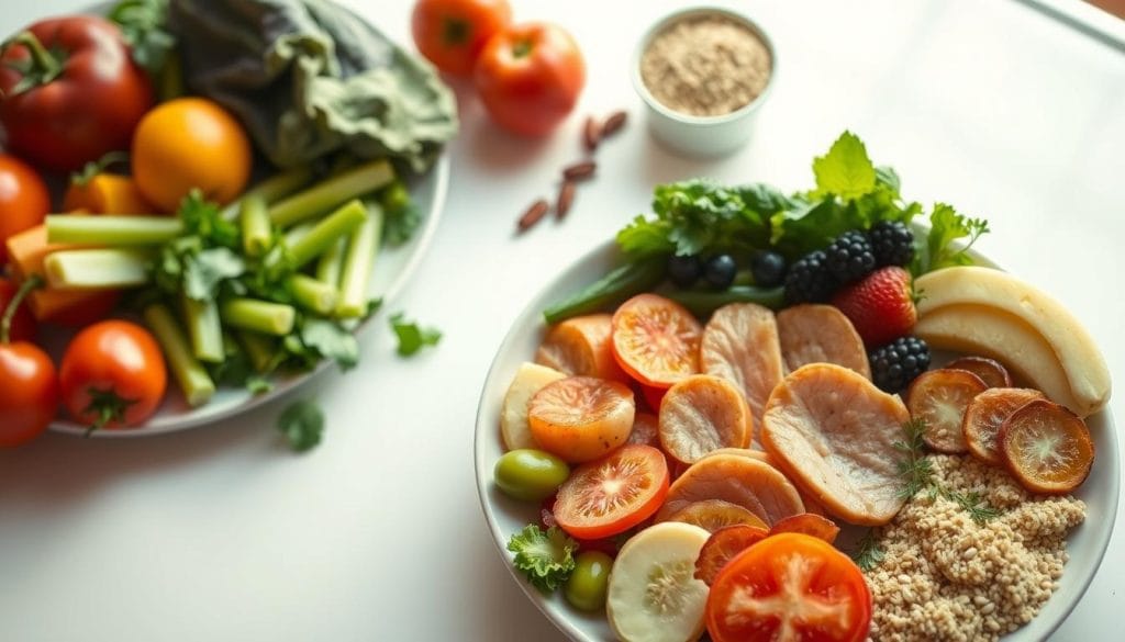A healthy and balanced meal with an assortment of fresh fruits, vegetables, lean proteins, and whole grains, illuminated by warm, natural lighting and captured with a wide-angle lens to showcase the overall composition. The image should convey a sense of simplicity, mindfulness, and the idea that a "celebrity diet" can be as simple as making nutritious food choices. The background should be clean and uncluttered, allowing the food to be the focal point. A healthy and balanced meal with an assortment of fresh fruits, vegetables, lean proteins, and whole grains, illuminated by warm, natural lighting and captured with a wide-angle lens to showcase the overall composition. The image should convey a sense of simplicity, mindfulness, and the idea that a "celebrity diet" can be as simple as making nutritious food choices. The background should be clean and uncluttered, allowing the food to be the focal point.