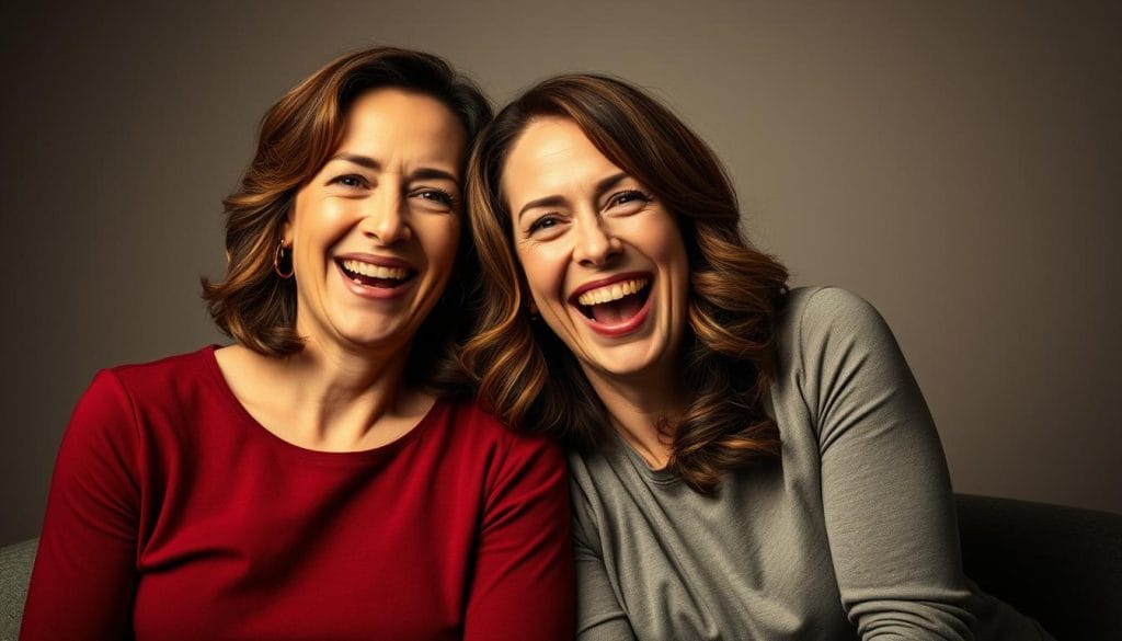 A high-quality studio portrait of Tina Fey and Amy Poehler, the iconic comedy duo, captured in a warm and joyful atmosphere. The two women are seated close together, their faces radiating genuine camaraderie and infectious laughter. Fey's expressive features and Poehler's infectious smile are the focal points, illuminated by soft, directional lighting that casts subtle shadows and highlights their natural features. The background is a minimalist, neutral setting, allowing the women's energy and connection to take center stage. The overall composition and lighting create a timeless, cinematic quality, perfectly encapsulating the long-lasting friendship and creative partnership between these two beloved comedic powerhouses.