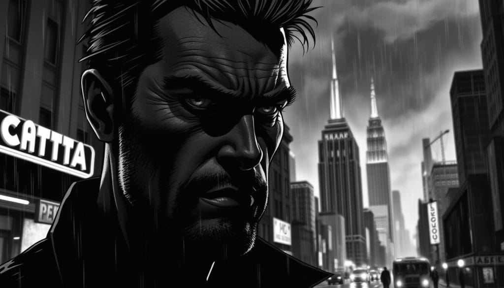 A moody, black-and-white portrait of the iconic comic book antihero Kevin from the gritty Sin City universe. The camera captures his brooding expression under dramatic high-contrast lighting, casting deep shadows across his rugged features. The middle ground showcases the rain-slicked, neon-drenched streets of the corrupt city, while the background is dominated by towering skyscrapers and a murky, stormy sky. The overall atmosphere evokes a sense of quiet horror and moral ambiguity that defines the Sin City aesthetic. DoDo Feed