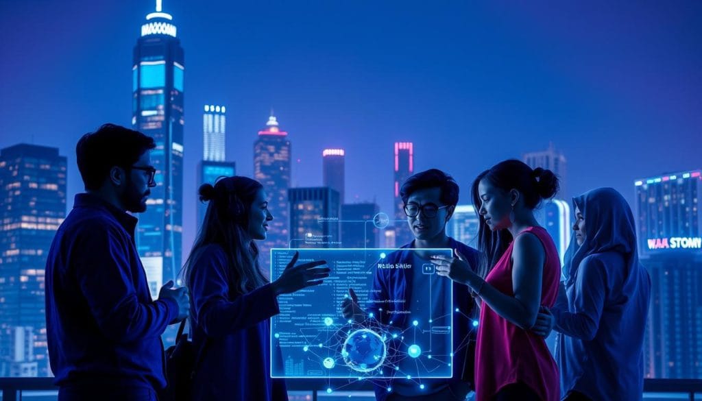 A neon-lit cityscape at night, with a towering skyscraper in the background. In the foreground, a group of diverse individuals - a programmer, an engineer, an artist, and a data analyst - are collaborating on a virtual holographic interface, their hands gesturing and minds engaged in a dynamic exchange of ideas. The middle ground is filled with a swirling array of data streams, code fragments, and glowing neural networks, symbolizing the interplay of skills, talent, and continuous learning. Soft blue and violet hues create an atmosphere of innovation and technological advancement, conveying the transformative impact of automation on the modern workforce.