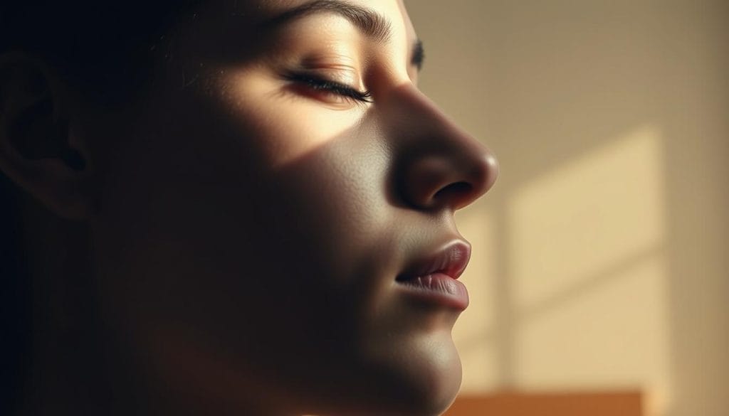 A serene, close-up portrait of a person gazing inward, their eyes closed in deep contemplation. The subject's face is lit from the side, creating soft, dramatic shadows that accentuate their features. The background is a softly blurred, warm-toned, minimalist interior, suggesting a peaceful, introspective setting. The overall mood is one of introspection, self-reflection, and a connection with one's inner self. The composition and lighting work together to convey a sense of tranquility, focus, and a journey of self-discovery.