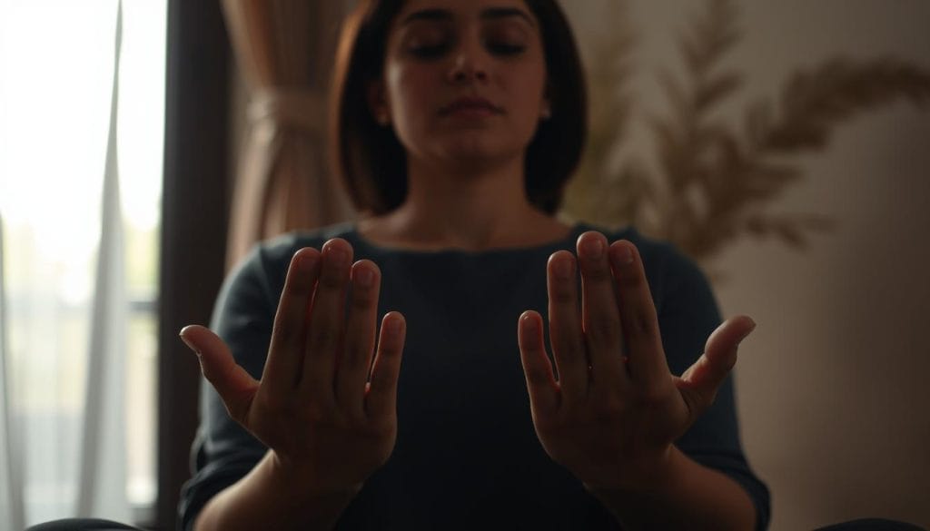 A serene, dimly lit indoor scene. In the foreground, a person's hands rest on their lap, palms facing upward in a gentle, open posture. Their eyes are gently closed, and their expression is one of deep focus and tranquility. The background is softly blurred, with hints of natural elements like plants or drapery, creating a sense of calmness and introspection. Subtle, warm lighting casts a soothing glow, emphasizing the meditative atmosphere. The overall composition conveys a moment of mindful pause, a stillness within the everyday.