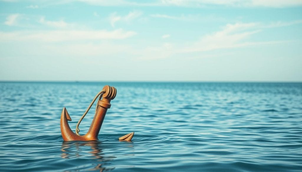 A serene, meditative seascape. In the foreground, a weathered, wooden anchor emerges from the calm, blue-green waters, its metal surface gently glowing in the warm, diffused sunlight. The anchor appears to be breathing, its metal surface subtly expanding and contracting, as if imbued with a tranquil, life-like energy. The middle ground features a hazy, horizon line, where the sea and sky blend seamlessly. In the background, wispy clouds drift across a vast, azure sky, creating a sense of spaciousness and contemplation. The overall composition is balanced and harmonious, inviting the viewer to slow down, breathe deeply, and find stillness within the ever-present rhythm of the natural world.