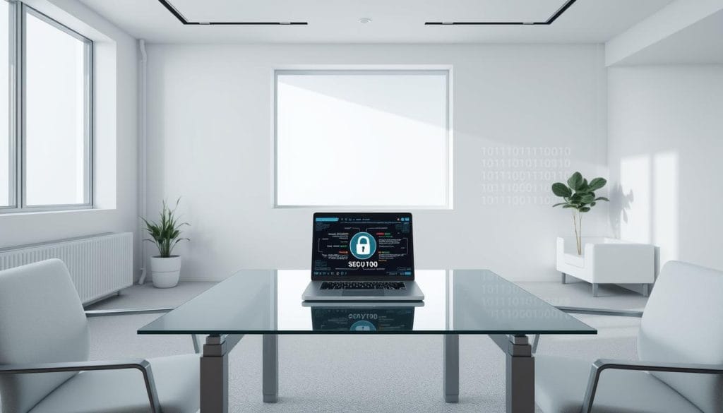 A serene, minimalist office space with sleek, modern furniture and clean lines. In the center of the frame, a laptop sits on a glass desk, its screen displaying a secure data encryption interface. Soft, diffused lighting from large windows creates a sense of privacy and tranquility. In the background, subtle patterns of binary code are projected onto the walls, symbolizing the digital realm of data privacy. The overall atmosphere conveys a harmonious blend of technology and simplicity, where information is safeguarded with care and attention.