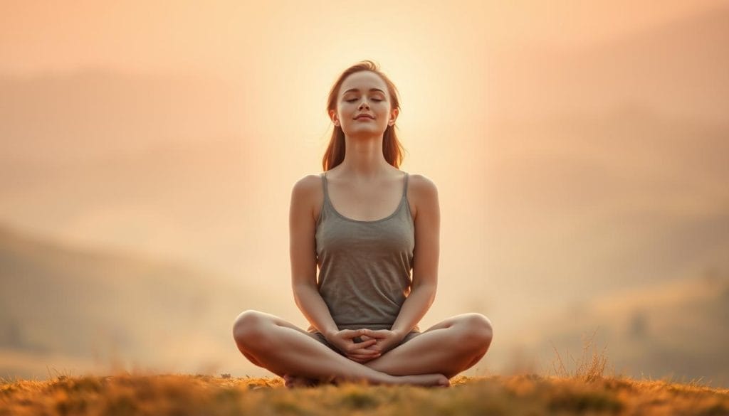 A serene, soft-focused scene of a person sitting cross-legged, eyes closed, with an aura of gentle light surrounding them. The background is a tranquil, blurred landscape, hinting at a peaceful, natural setting. The figure's expression conveys a sense of inner calm and self-reflection, radiating a peaceful, nurturing energy. Warm, muted tones create a soothing, introspective atmosphere, inviting the viewer to experience the power of self-kindness and inner peace.
