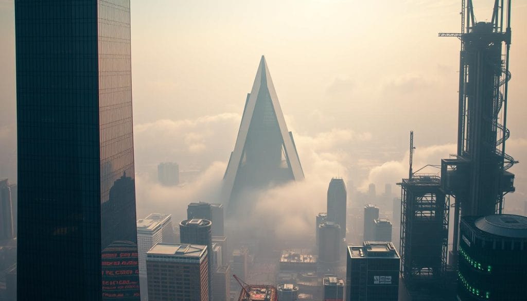 A vast expanse of technological landscape, where two contrasting forces clash. In the foreground, a sleek and streamlined skyscraper emblematic of sustaining innovation, its glass facade gleaming under the soft, diffused lighting. In the middle ground, a jagged, disruptive structure juts forth, its angular design and vibrant colors challenging the status quo. The background is a hazy, ethereal realm, hinting at the unseen forces that shape the innovation landscape - the relentless march of progress, the unpredictable currents of change. Tension fills the air, as these two modes of innovation vie for dominance, the future hanging in the balance.