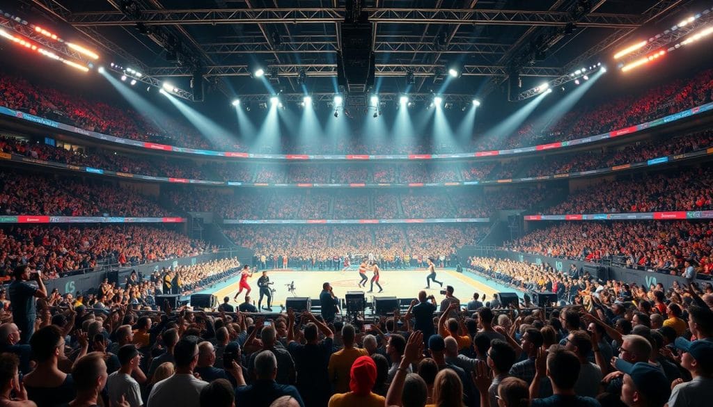 A vibrant sports livestream event unfolding on a vast arena stage, illuminated by dramatic spotlights and filled with a captivated crowd. In the foreground, world-class athletes engage in an intense competition, their powerful movements frozen in time. The middle ground features a state-of-the-art broadcast setup, with cameramen and commentators capturing the action. In the background, a sea of spectators cheers and waves, their excitement palpable. The scene is captured with a cinematic wide-angle lens, conveying the grand scale and electric atmosphere of this crossover spectacle that has taken the internet by storm.