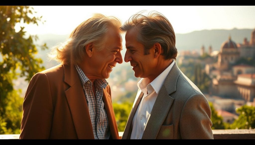 A warm, sun-drenched scene of two iconic celebrities deep in conversation, their bodies angled towards each other in an intimate, genuine moment of connection. The foreground features their expressive faces, lit by soft, golden rays that accentuate the genuine warmth and affection between them. The middle ground showcases their stylish, impeccably tailored outfits, reflecting their status and the effortless elegance of their friendship. In the background, a serene, timeless setting with lush greenery and a picturesque cityscape, suggesting a shared history and lasting bond that transcends the boundaries of their respective careers and the passage of time. The overall mood is one of timeless, inspiring camaraderie - a testament to the power of authentic, enduring celebrity friendships.