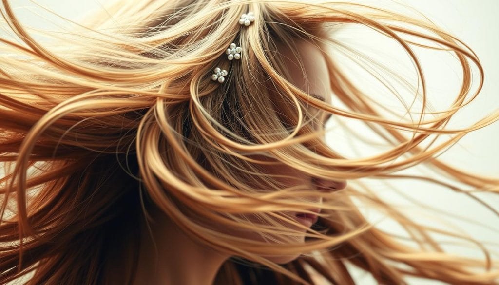 A windswept cascade of lustrous strands, illuminated by soft, diffused lighting that accentuates the hair's dynamic texture and glimmering 3D embellishments. Wispy, sculptural flyaways frame the face, creating an effortless, high-fashion aesthetic. Intricate hair accessories, such as delicate pearl pins and shimmering metallic clips, add a touch of whimsical elegance, elevating the overall look. The hair's silky, glass-like sheen radiates a dewy, luminous glow, capturing the essence of the "Glass Skin" trend. Photographed at a dynamic angle, this captivating image showcases hair as a bold, expressive statement in the world of beauty and fashion. A windswept cascade of lustrous strands, illuminated by soft, diffused lighting that accentuates the hair's dynamic texture and glimmering 3D embellishments. Wispy, sculptural flyaways frame the face, creating an effortless, high-fashion aesthetic. Intricate hair accessories, such as delicate pearl pins and shimmering metallic clips, add a touch of whimsical elegance, elevating the overall look. The hair's silky, glass-like sheen radiates a dewy, luminous glow, capturing the essence of the "Glass Skin" trend. Photographed at a dynamic angle, this captivating image showcases hair as a bold, expressive statement in the world of beauty and fashion.