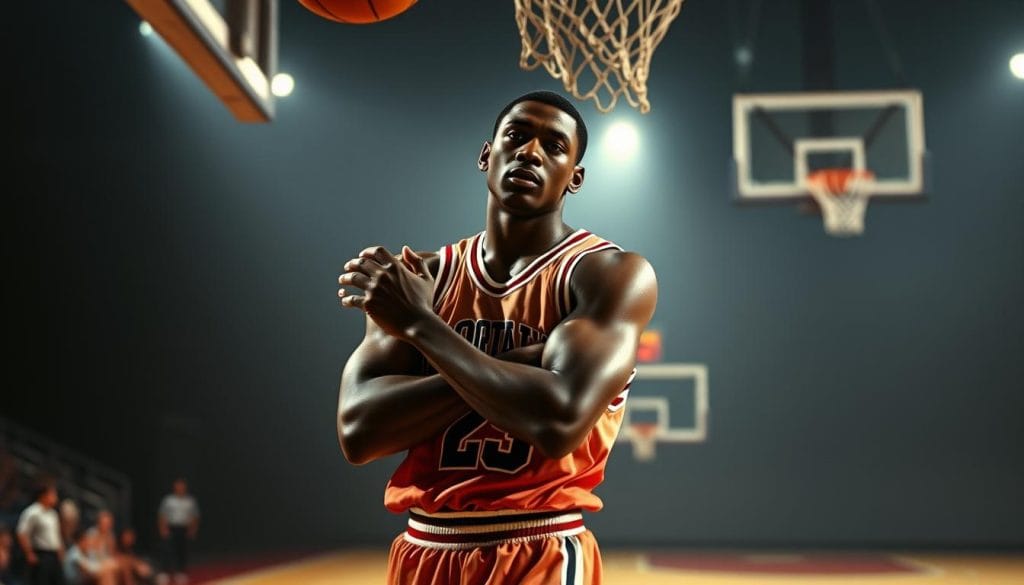 A young Michael Jordan, dressed in a basketball uniform, stands confidently on a dimly lit basketball court. Bright spotlights illuminate his muscular frame, casting dramatic shadows that accentuate his athletic prowess. His intense gaze is fixed on the hoop, his hands gripping a basketball, ready to execute a signature slam dunk. The background is blurred, with the faint silhouettes of other players and coaches, creating a sense of focus and determination. The atmosphere is tense, capturing the moment before a crucial game-winning play. The lighting and composition convey a sense of Michael's rise from a high school cut to becoming a basketball legend.