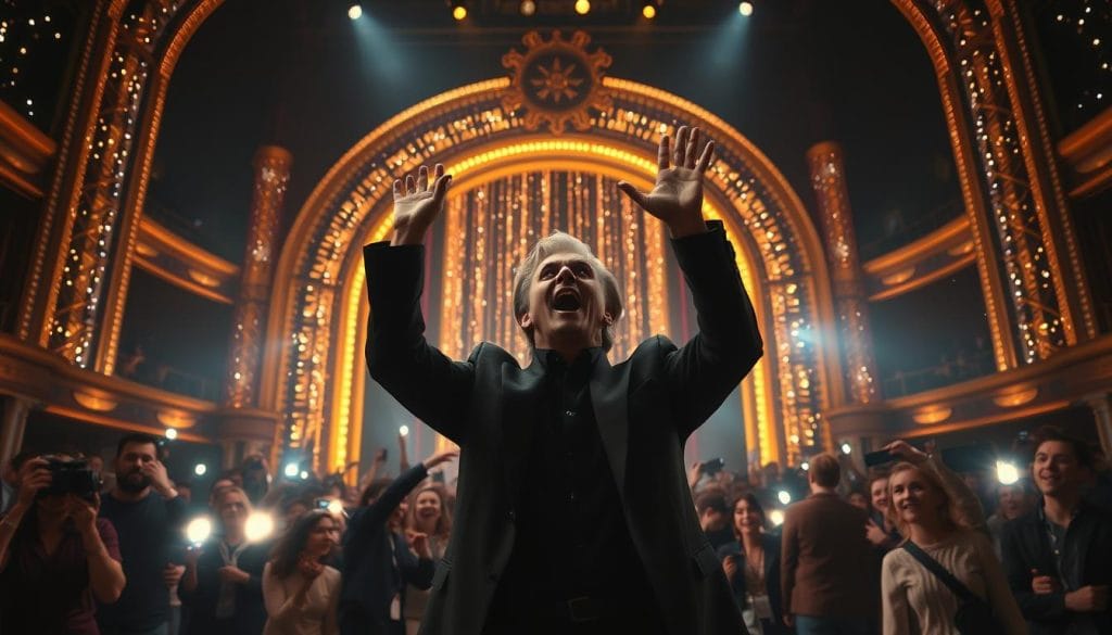 An awards show stage with a dazzling backdrop of glittering lights and a towering, gilded proscenium arch. In the foreground, a famous celebrity stands in shock, their eyes wide and mouth agape, arms raised in a moment of unexpected chaos. Dramatic side lighting casts dramatic shadows, emphasizing the tension and drama of the scene. The audience around the celebrity is a blur of movement, with flashes of camera lights and frantic gestures. The overall mood is one of stunned surprise, captured in a high-contrast, cinematic style that heightens the intensity of the moment.