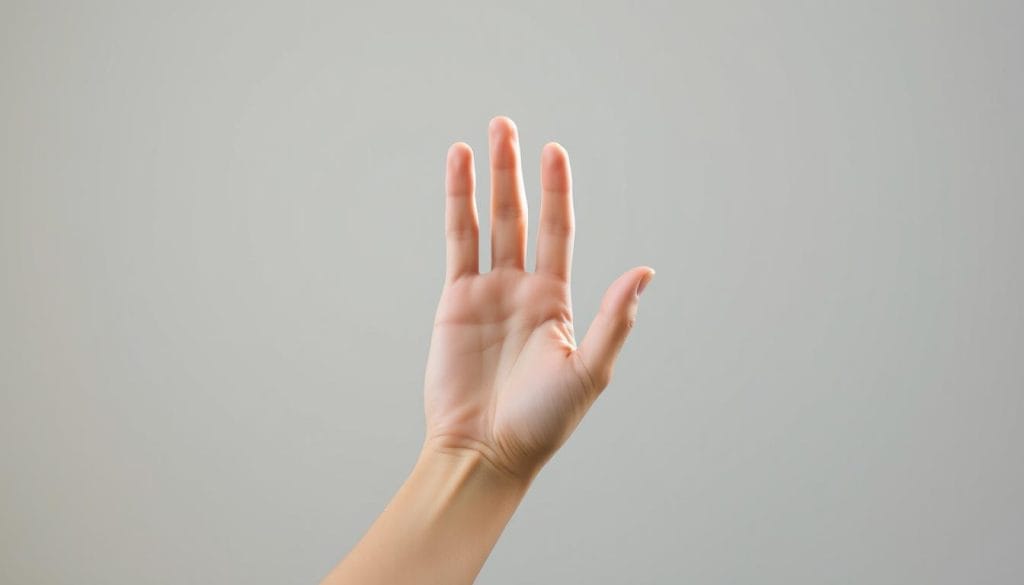 An elegant minimalist composition depicting a hand with fingers outstretched, palm facing outward in a gesture of halting, against a serene soft gray background. Gentle natural lighting illuminates the hand, creating a sense of tranquility and introspection. The hand's posture conveys a clear message to stop the act of comparing, encouraging the viewer to focus inward and cultivate self-acceptance. This simple, yet powerful visual metaphor embodies the essence of the article's subject, providing a thought-provoking illustration for the "How to Stop Comparing Yourself to Others: Practical Steps You Can Start Today" section.